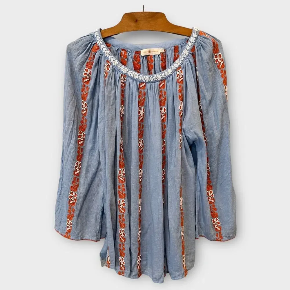 NEW Tory Burch Alexandria Beaded Peasant Top Size 8